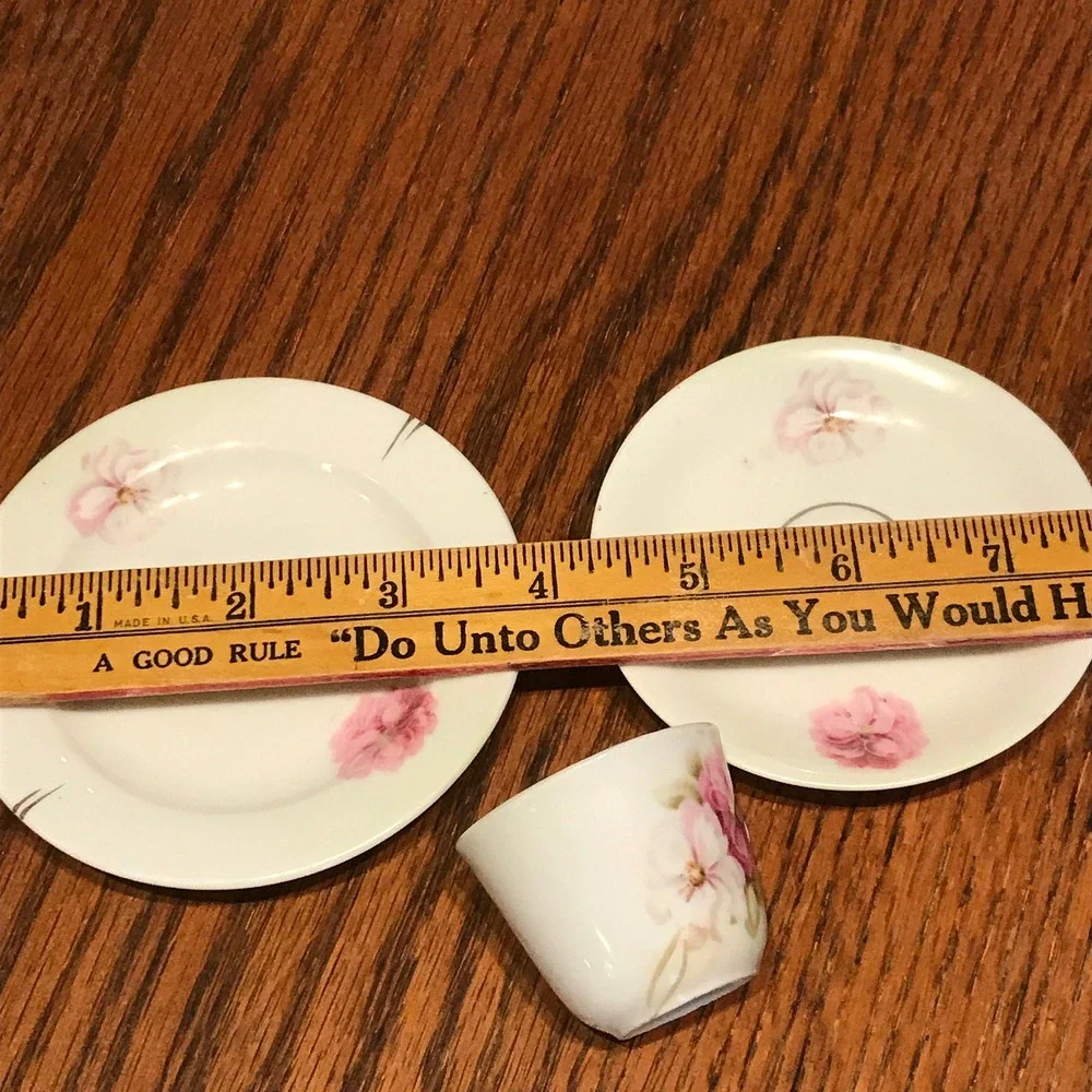 Vintage Porcelain Doll Tea Set: Hand-Painted Floral Cup, Saucer, Plate‎